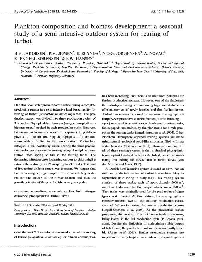 16. plankton composition and biomass development a seasonal study of a semi-intensive outdoor system for rearing of turbot