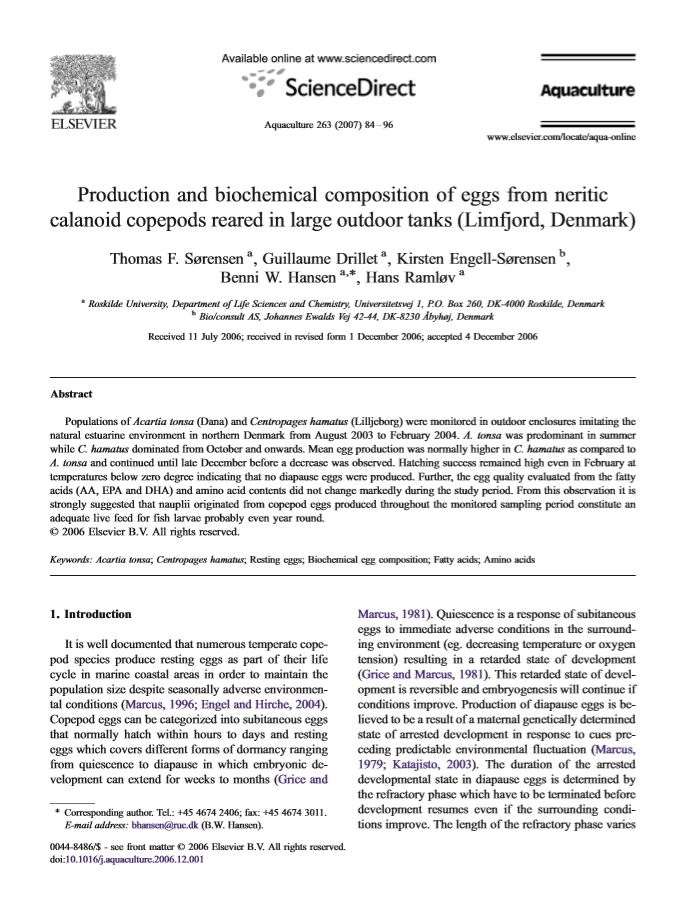 21.production and composition of eggs from neritic calanoid copepods reared in large outdoor tanks