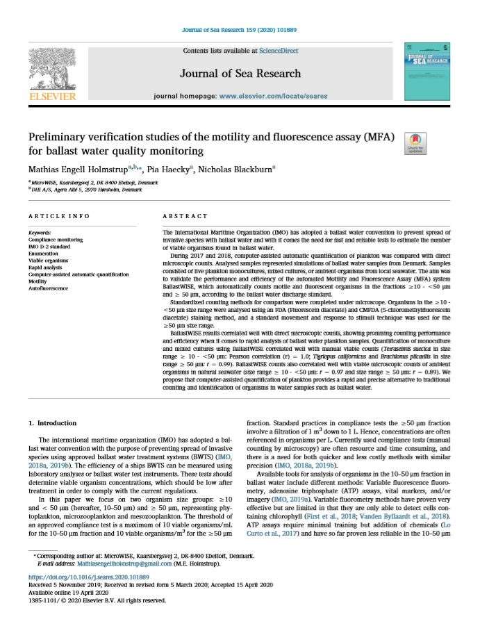 35.preliminary verification studies of the motility and fluorescence assay (mfa) for ballast water quality monitoring, holmstrup et al., 2020