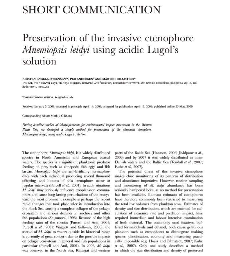 8.engell-sørensen et al 2009_preservation of the invasive ctenophore mnemiopsis leidyi using acidic lugol’s solution